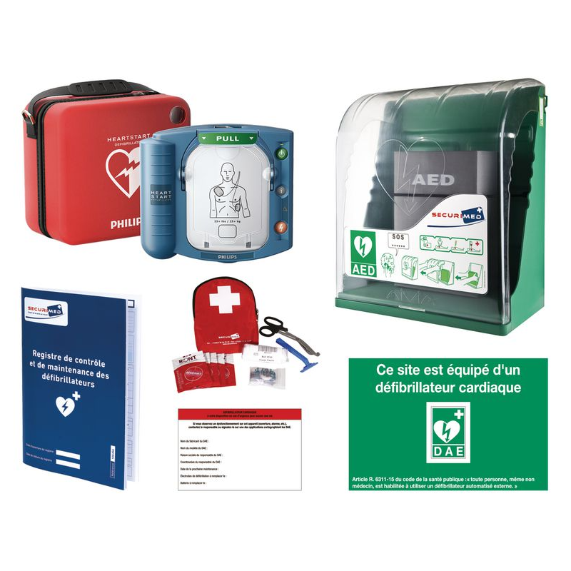 Offre pack défibrillateur HS1 avec housse slim + armoire + kit d'hygiène + signalétique + registre
